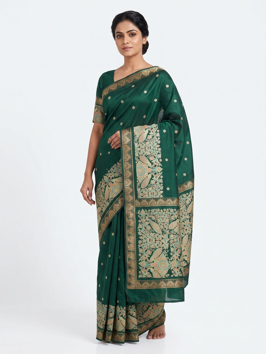 Green Cotton Silk Saree with Zari-Woven Border and Traditional Printed Charm - Image 1