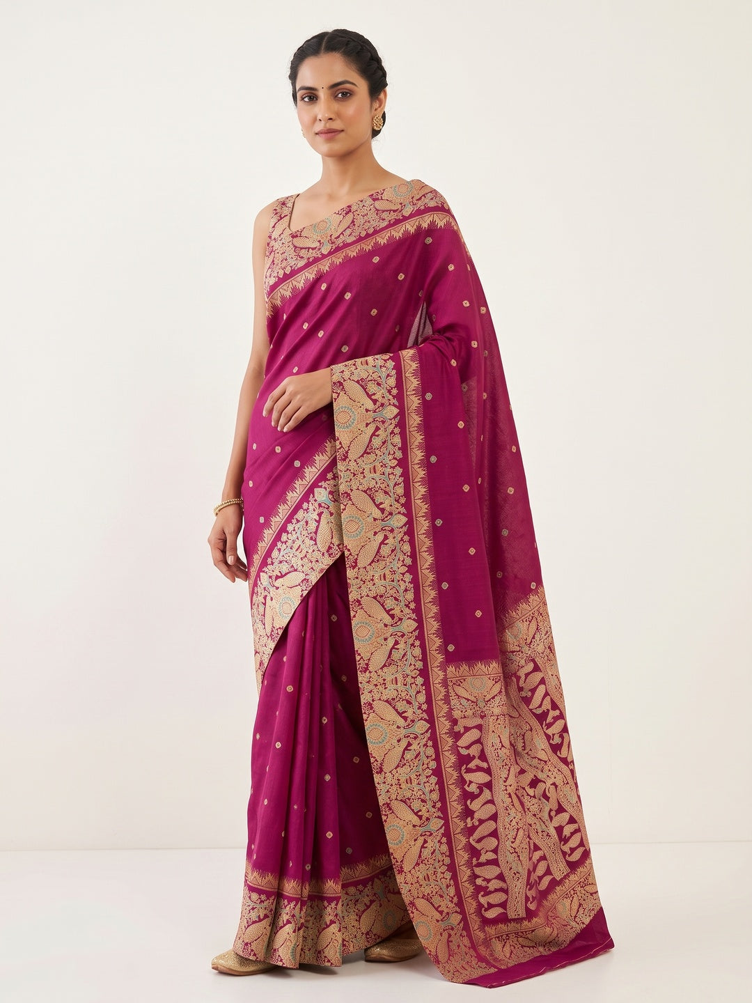 Magenta Cotton Silk Saree with Zari-Woven Border and Striking Printed Patterns - Image 1
