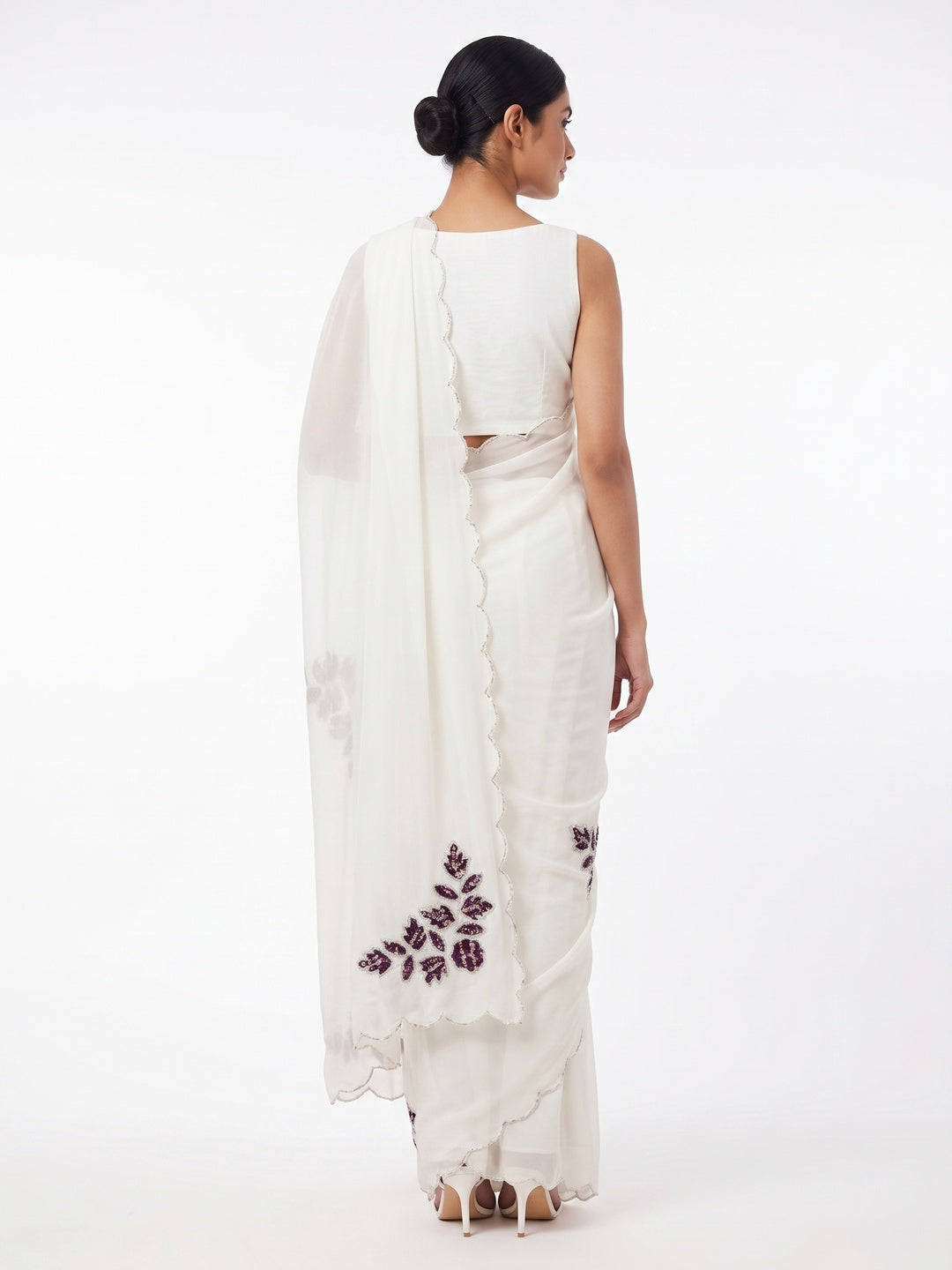White & Wine Partywear Georgette Saree with Delicate Stone & Bead Work - Image 2