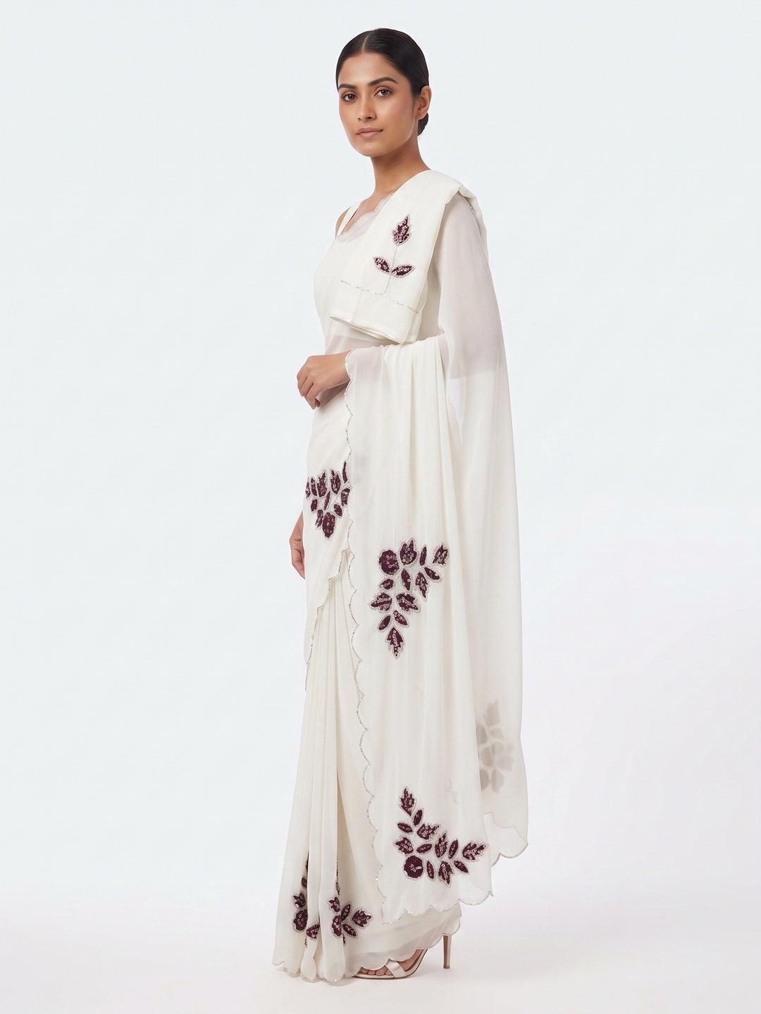 White & Wine Partywear Georgette Saree with Delicate Stone & Bead Work - Image 3