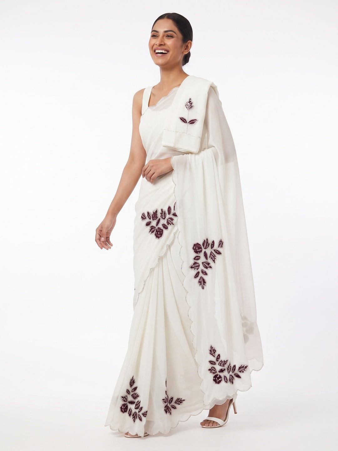 White & Wine Partywear Georgette Saree with Delicate Stone & Bead Work - Image 4