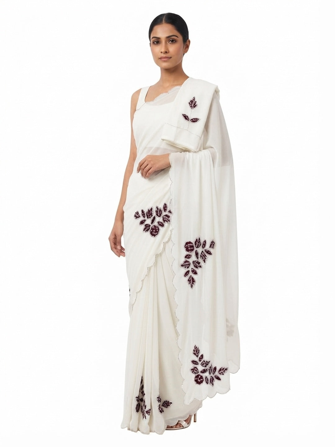 White & Wine Partywear Georgette Saree with Delicate Stone & Bead Work - Image 5
