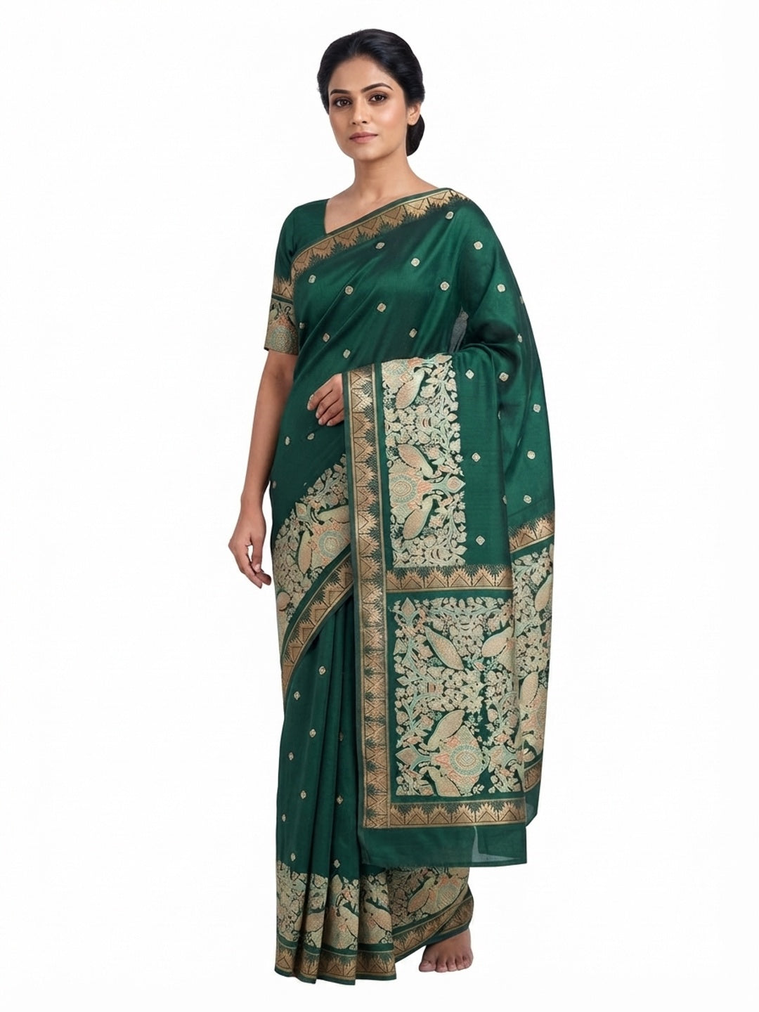 Green Cotton Silk Saree with Zari-Woven Border and Traditional Printed Charm - Image 2