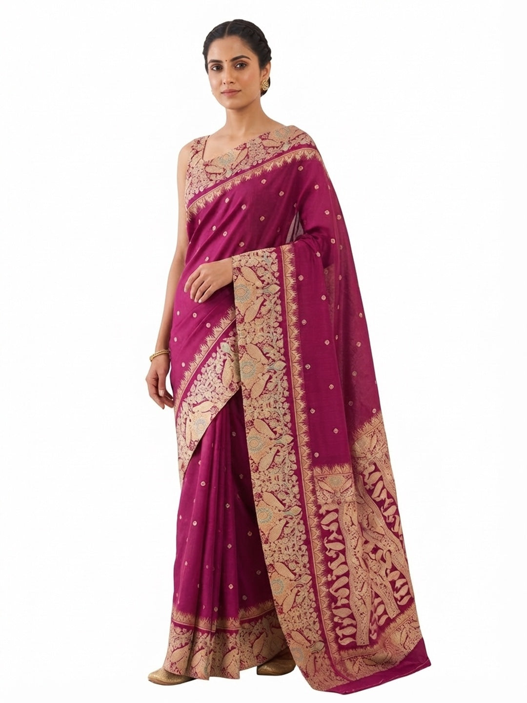 Magenta Cotton Silk Saree with Zari-Woven Border and Striking Printed Patterns - Image 2