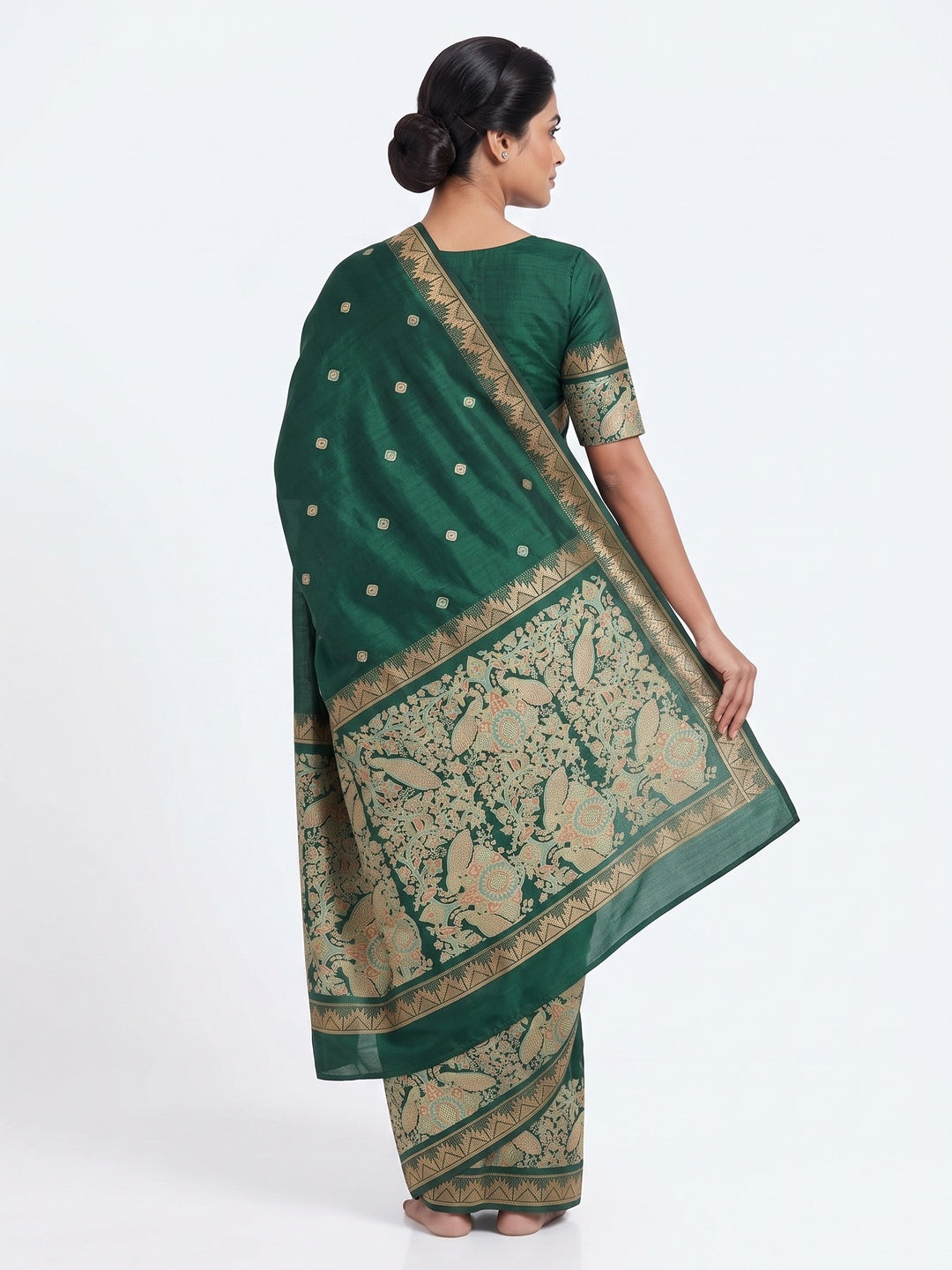 Green Cotton Silk Saree with Zari-Woven Border and Traditional Printed Charm - Image 3