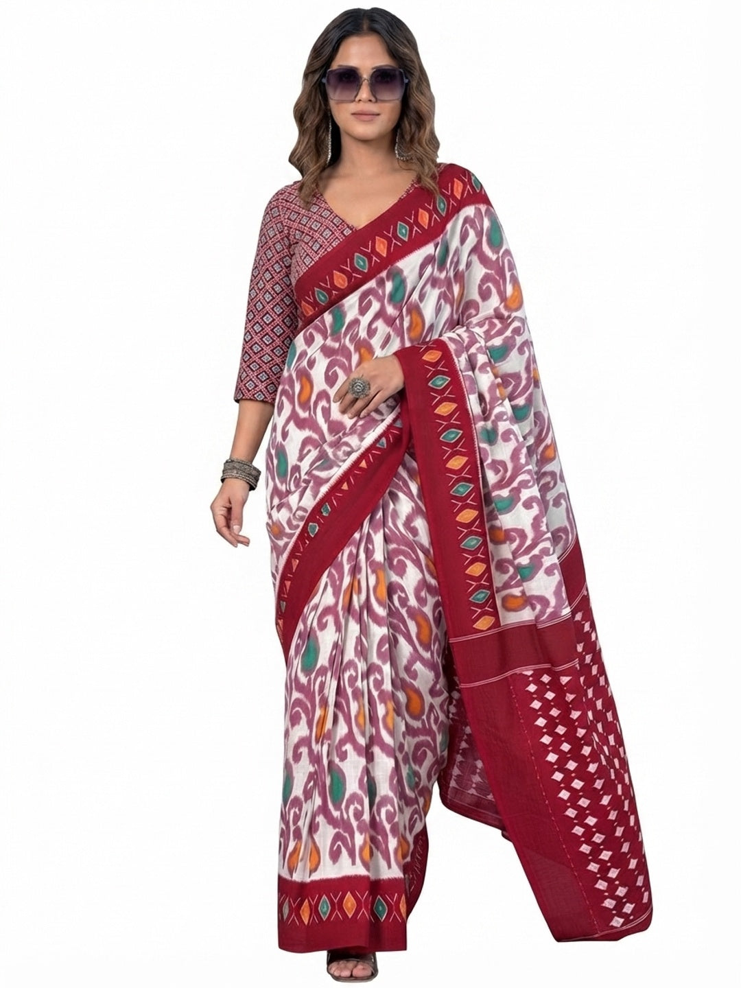 Charming Red & White Ikkat Printed Mulmul Cotton Saree With Subtle Work - Image 6