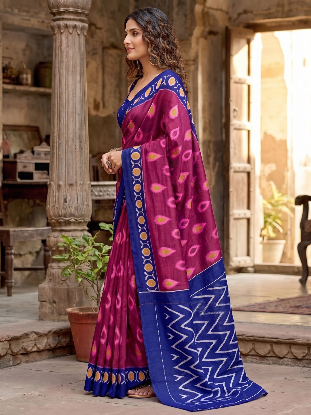 Trendy Pink Ikkat Print Mulmul Cotton Saree With Stylish Zig Zag Pattern Pallu - Image 7