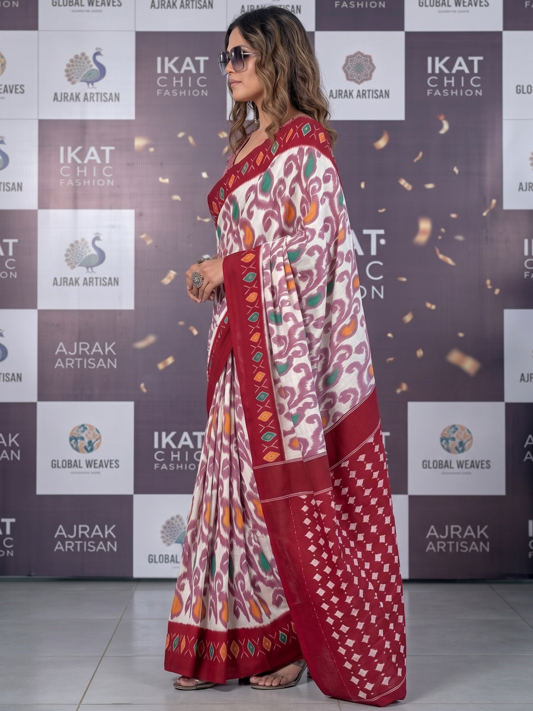 Charming Red & White Ikkat Printed Mulmul Cotton Saree With Subtle Work - Image 8