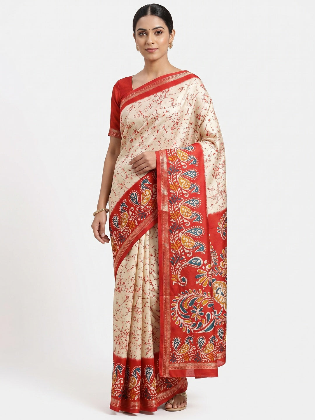 Cream & Red Abstract Printed Dola Silk Saree Enhanced With Kalamkari Art Pallu - Image 1