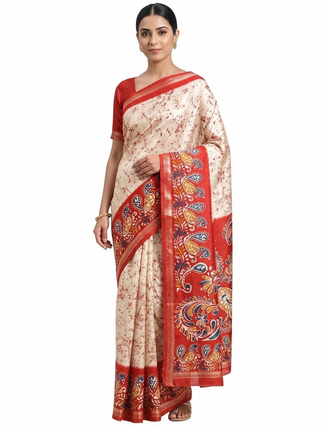 Cream & Red Abstract Printed Dola Silk Saree Enhanced With Kalamkari Art Pallu - Image 5
