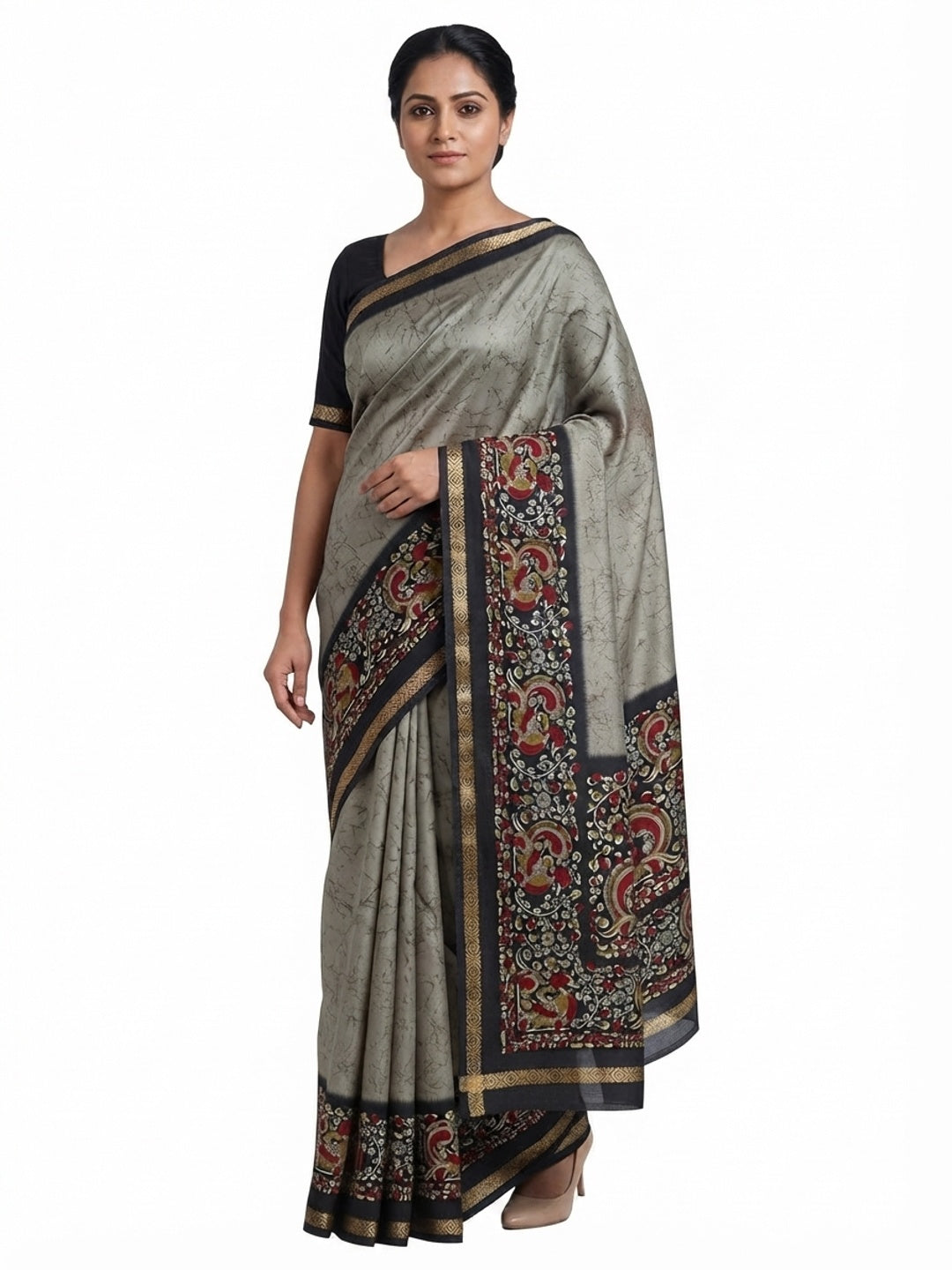 Grey Dola Silk Saree with Contemporary Abstract Motifs and Kalamkari Pallu - Image 5