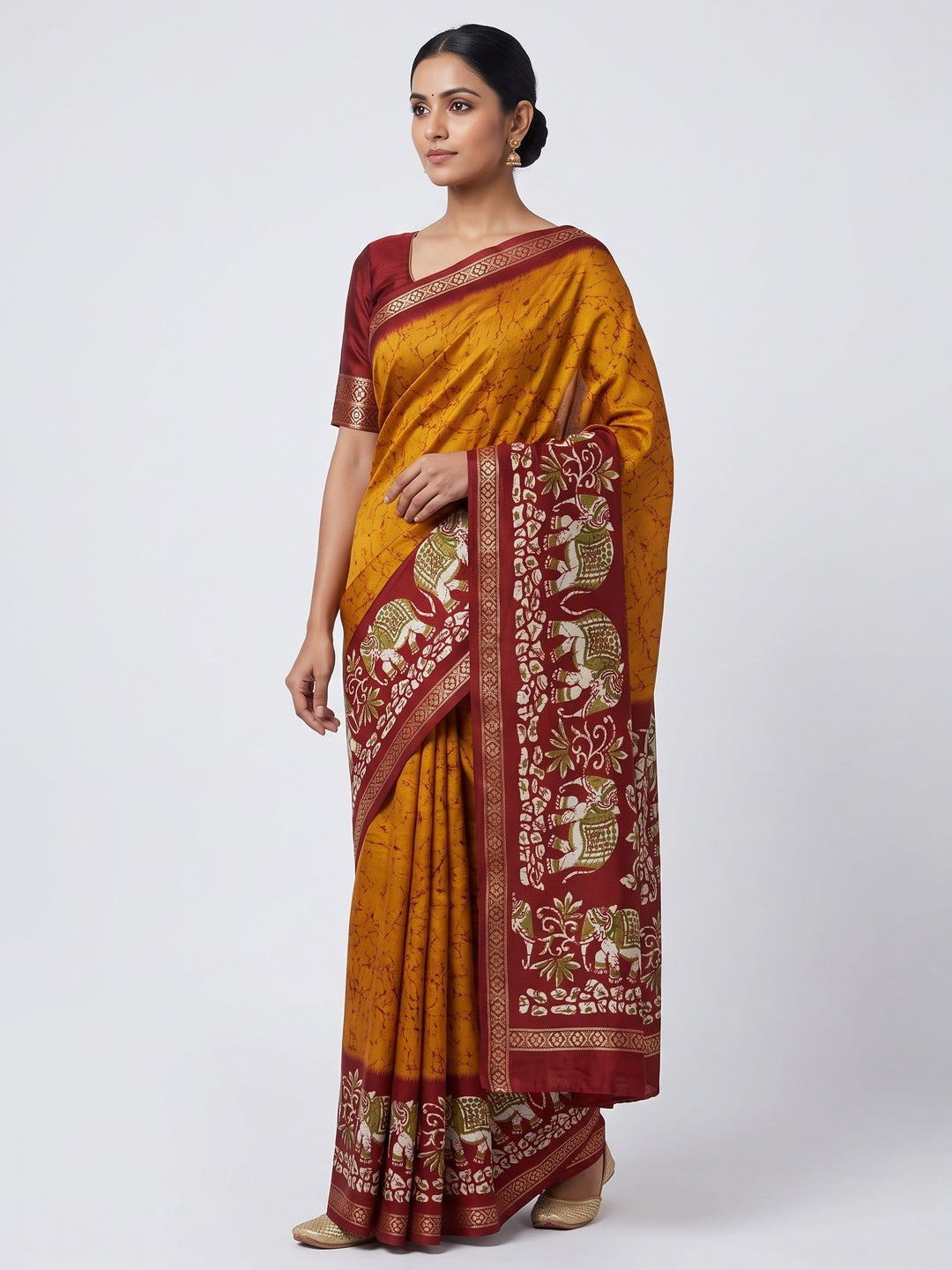 Mustard Dola Silk Saree With Abstract Patterns And Kalamkari Pallu Art - Image 1