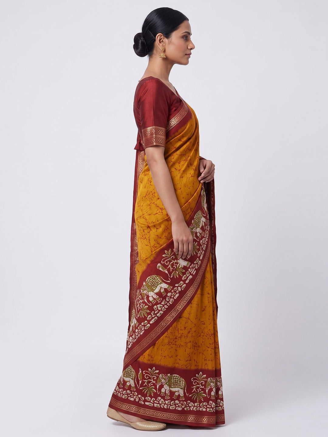 Mustard Dola Silk Saree With Abstract Patterns And Kalamkari Pallu Art - Image 4