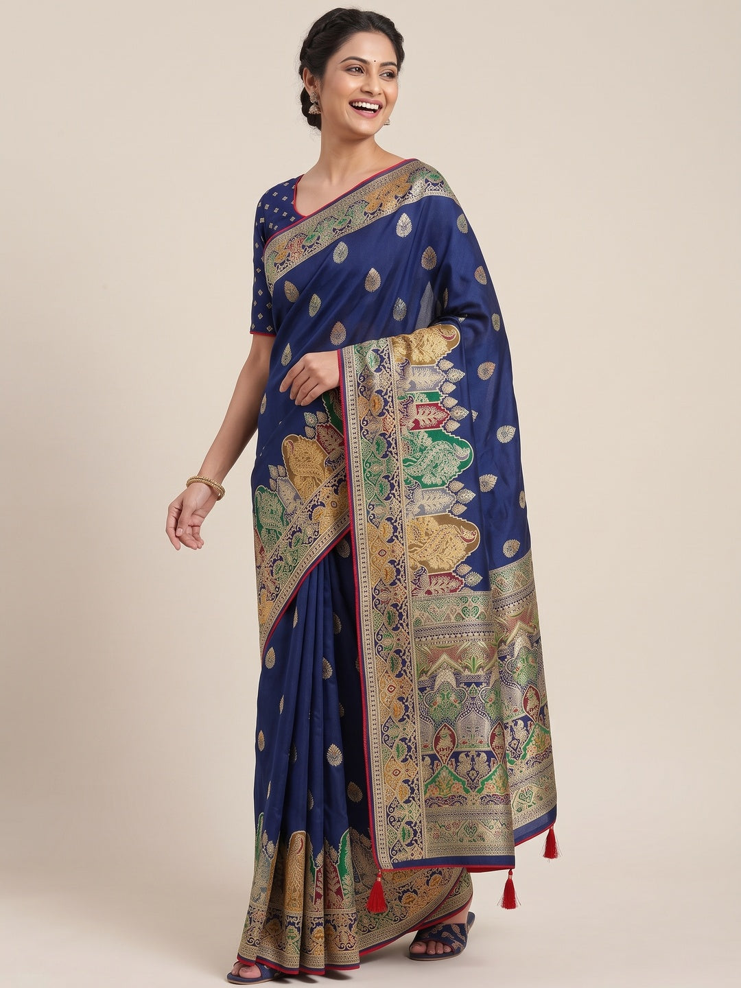 Blue Luxury Pure Silk Saree Crafted With Floral Meenakari Foil Print & Trendy Tassel Pallu - Image 4