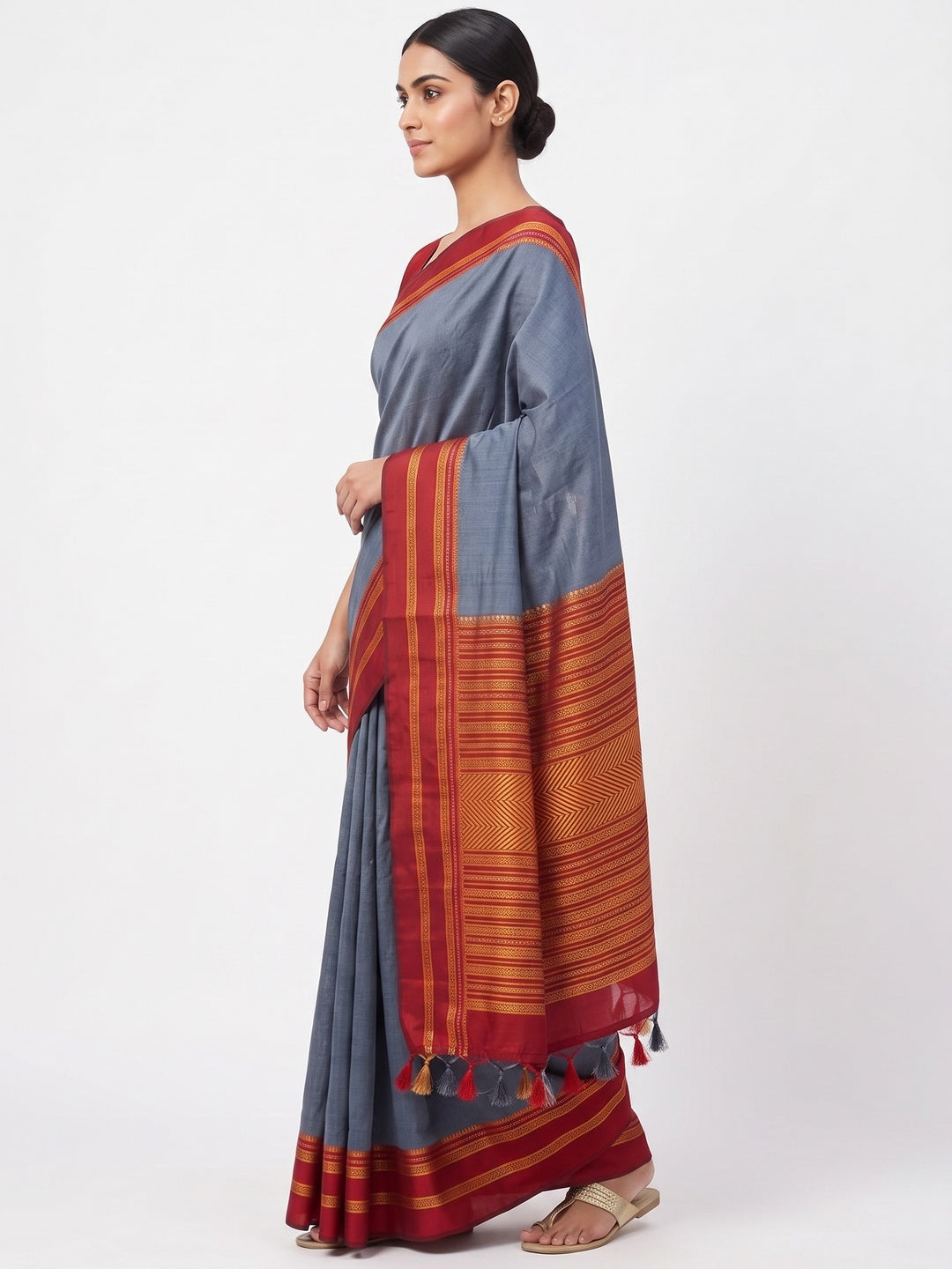 Classic Grey Solid Weaving Pure Silk Saree Accented With Woven Striped Pallu & Tassel Finish - Image 3