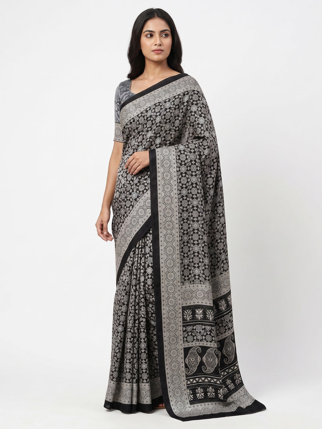 Black Saree in Satin Fabric with Authentic Ajrakh Patterns - Image 1