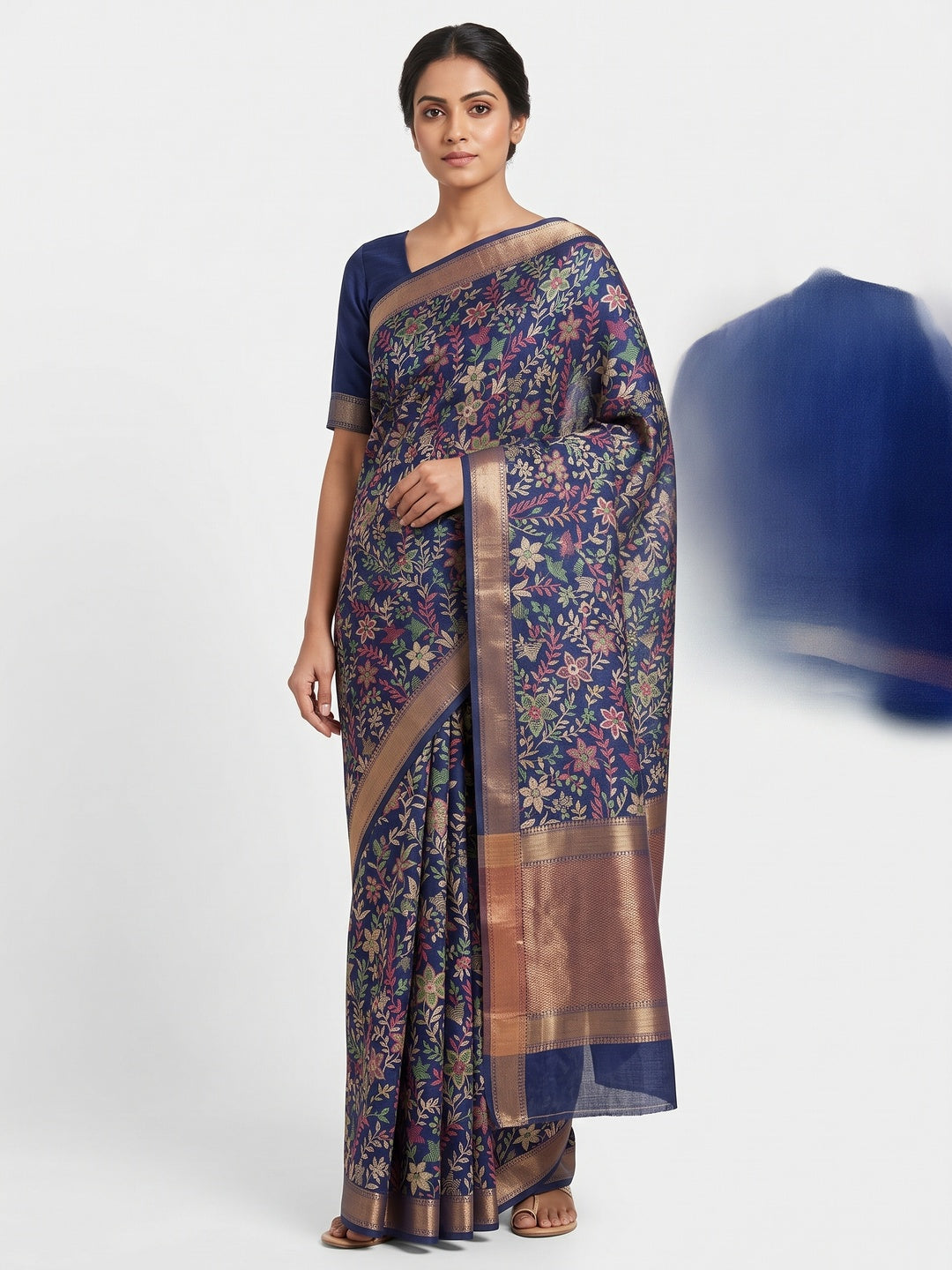 Navy Blue Kashmiri Inspired Floral Printed Tussar Silk Saree for Ethnic Occasions - Image 1