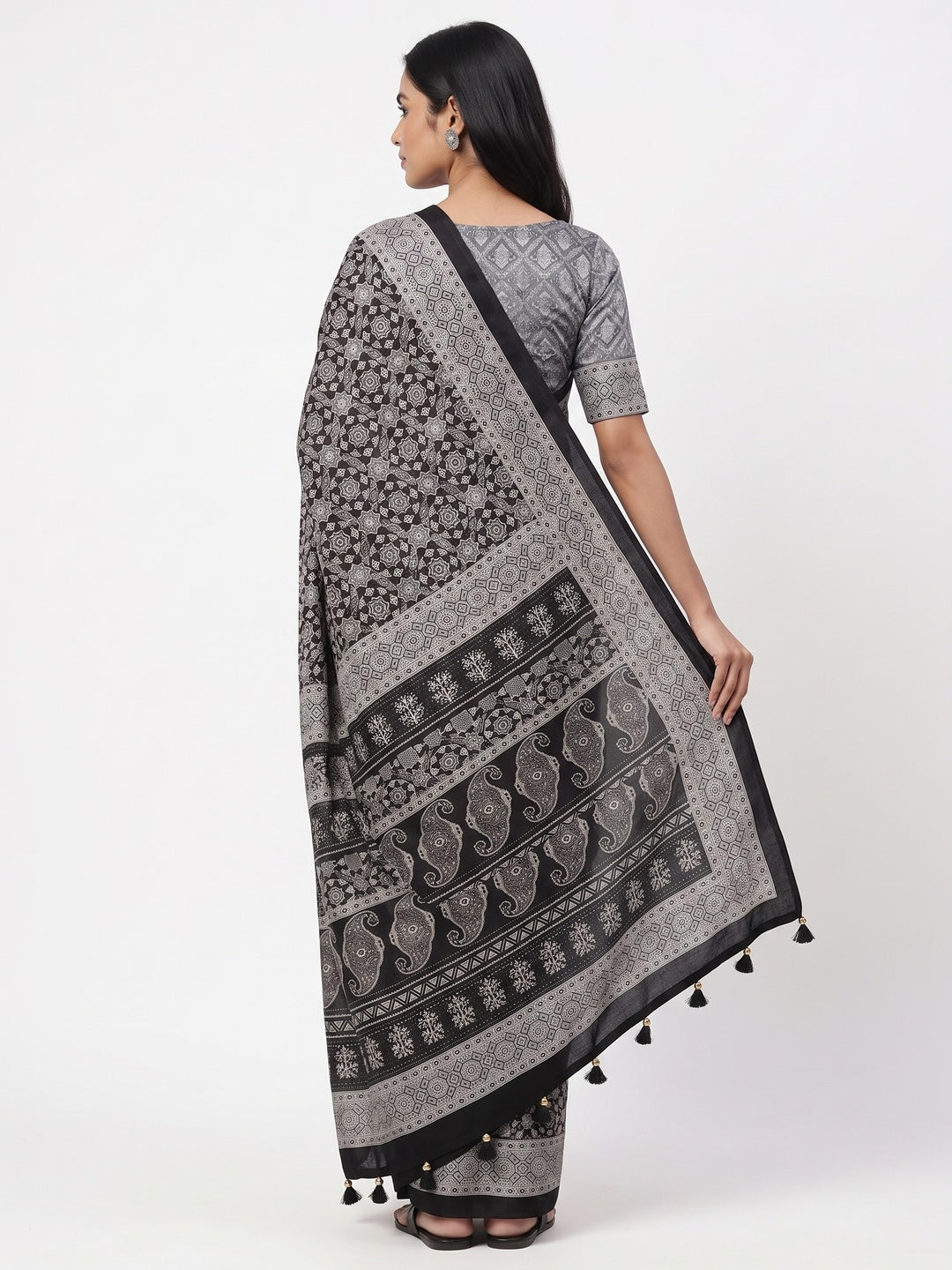 Black Saree in Satin Fabric with Authentic Ajrakh Patterns - Image 2