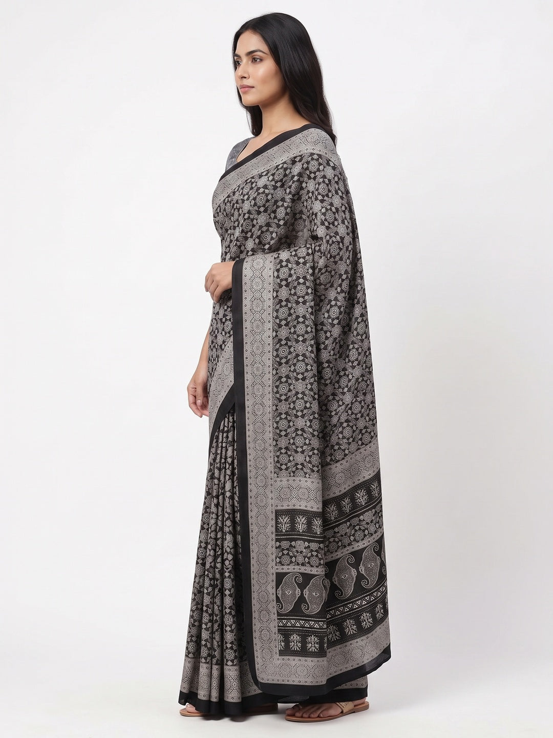 Black Saree in Satin Fabric with Authentic Ajrakh Patterns - Image 3