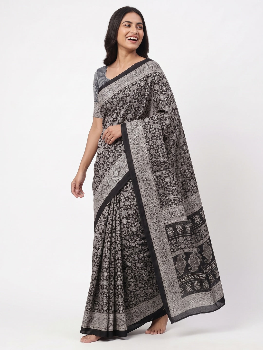 Black Saree in Satin Fabric with Authentic Ajrakh Patterns - Image 4