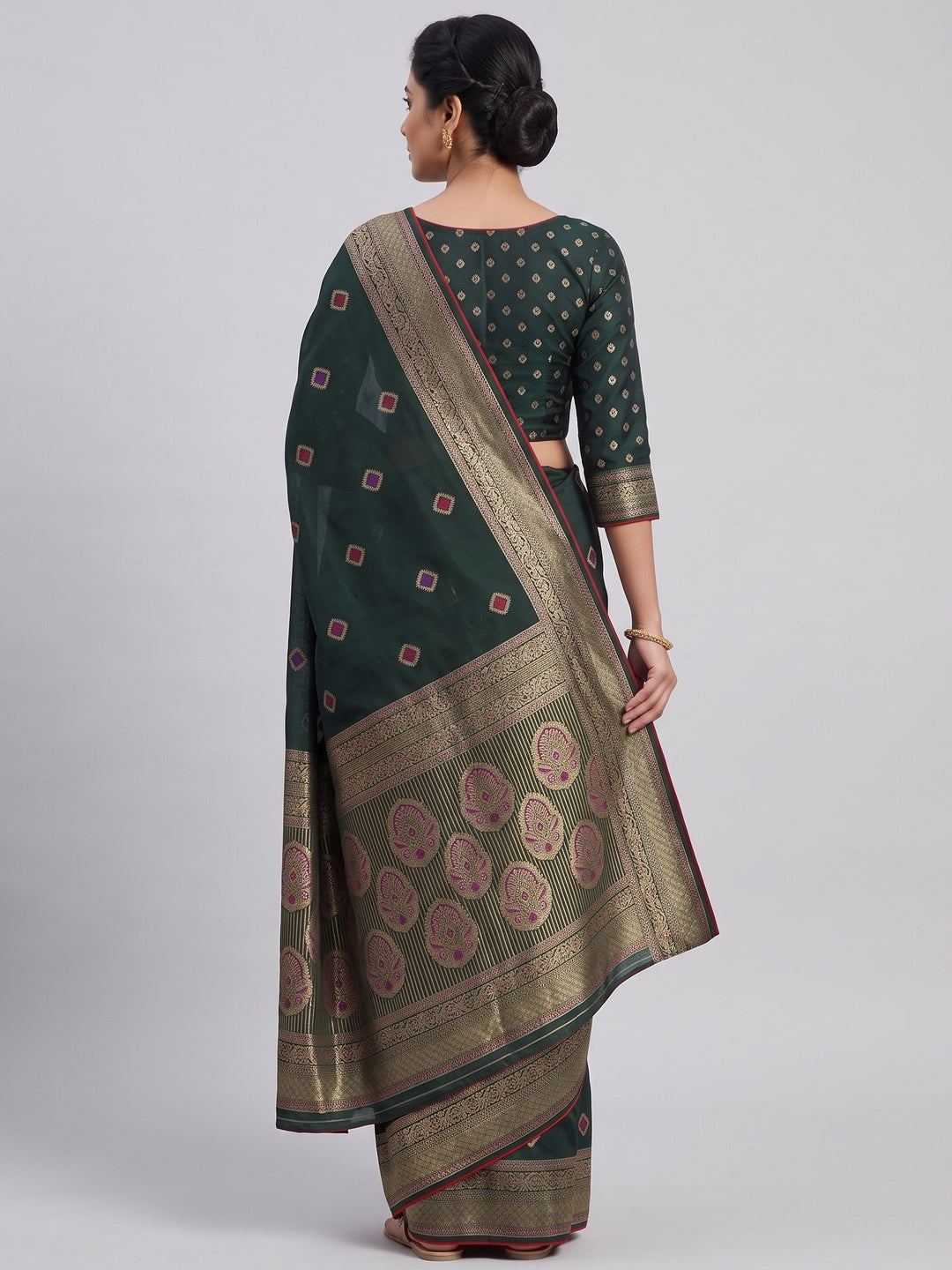 Green Viscose Saree with Foil Geometric Prints - Image 2