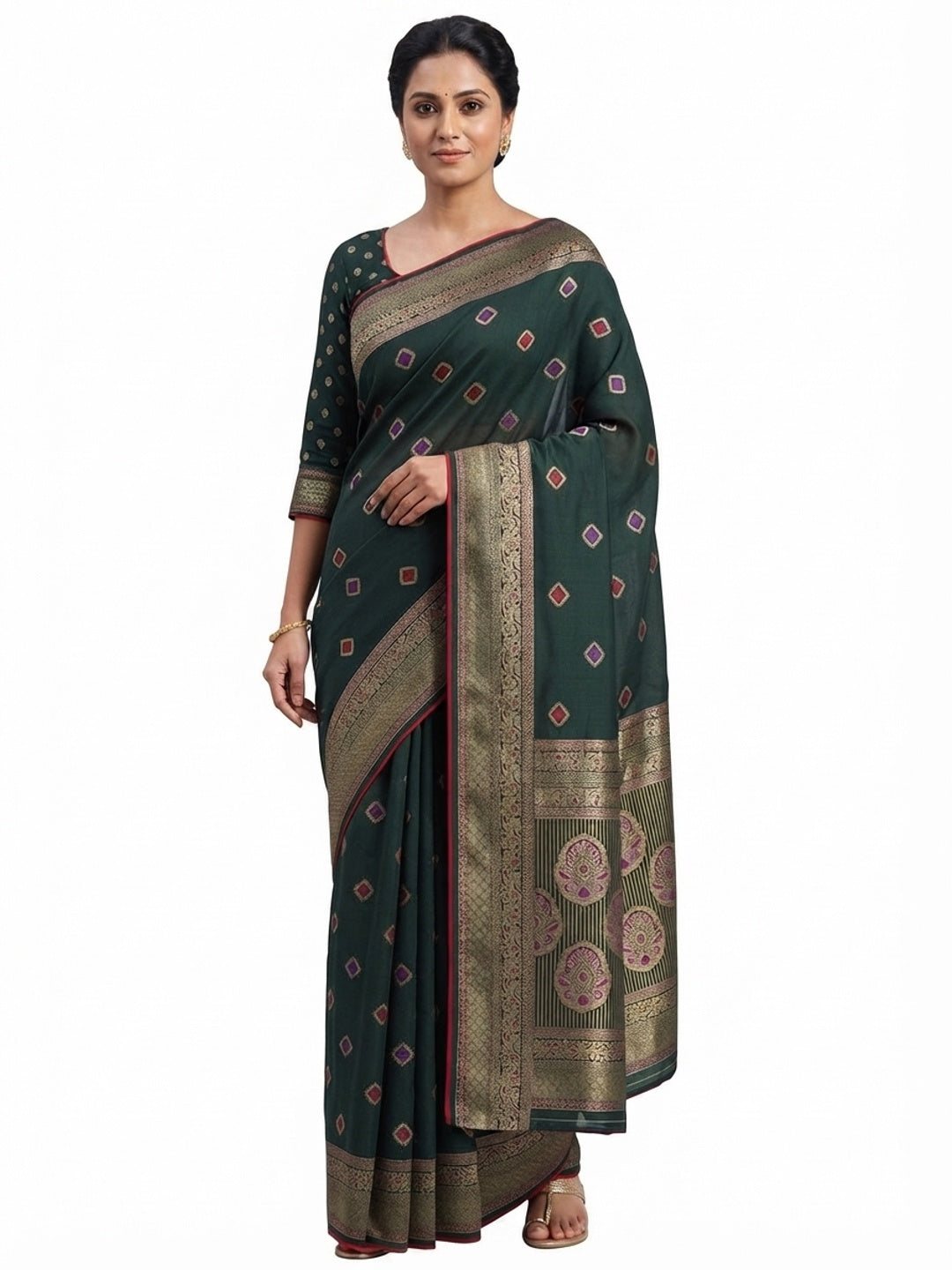 Green Viscose Saree with Foil Geometric Prints - Image 5