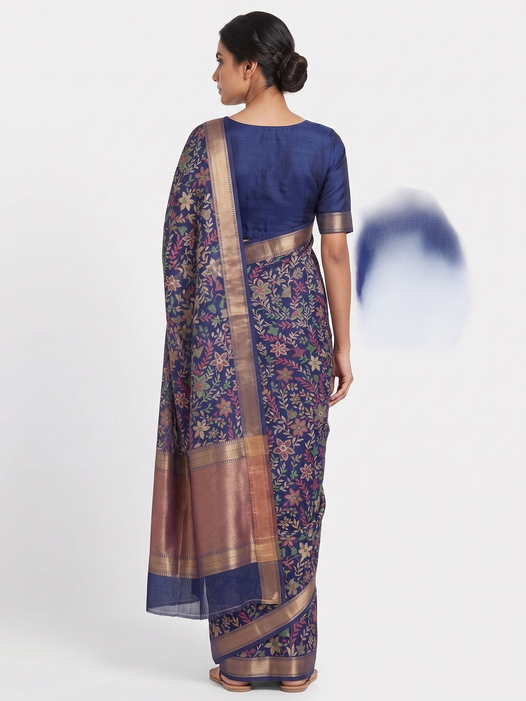 Navy Blue Kashmiri Inspired Floral Printed Tussar Silk Saree for Ethnic Occasions - Image 2