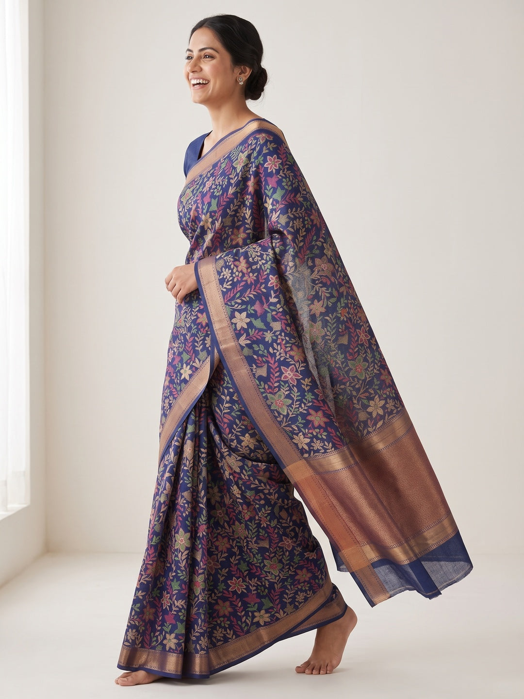 Navy Blue Kashmiri Inspired Floral Printed Tussar Silk Saree for Ethnic Occasions - Image 4