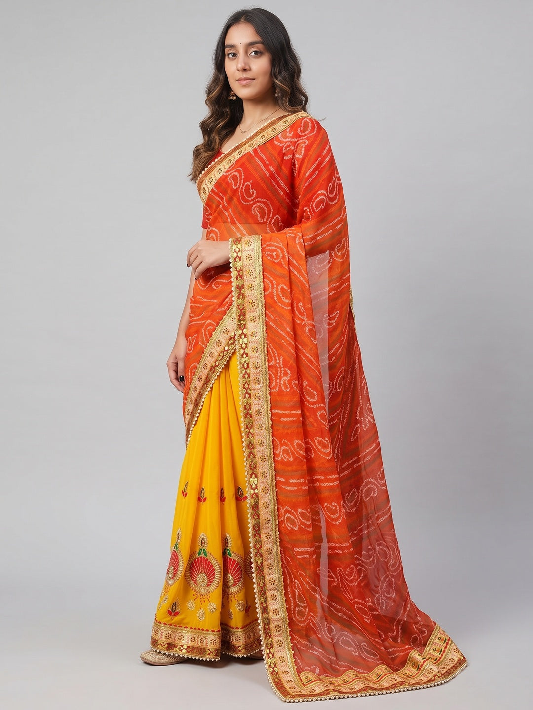 Yellow & Orange Bandhani Printed Chiffon Half & Half Saree - Image 3