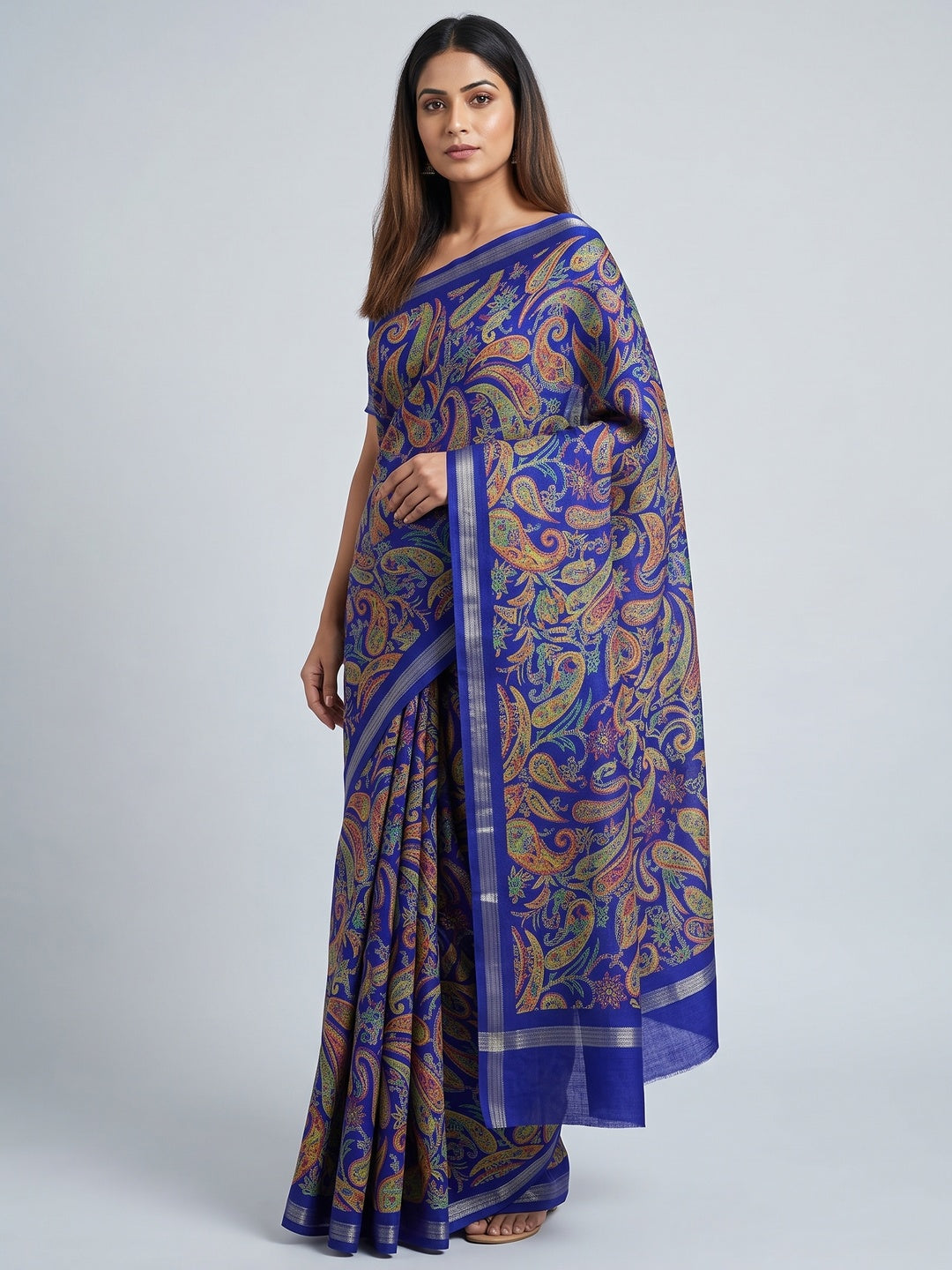 Royal Blue Cotton Blend Saree with Ethnic Kashmiri-Inspired Paisley Design - Image 1