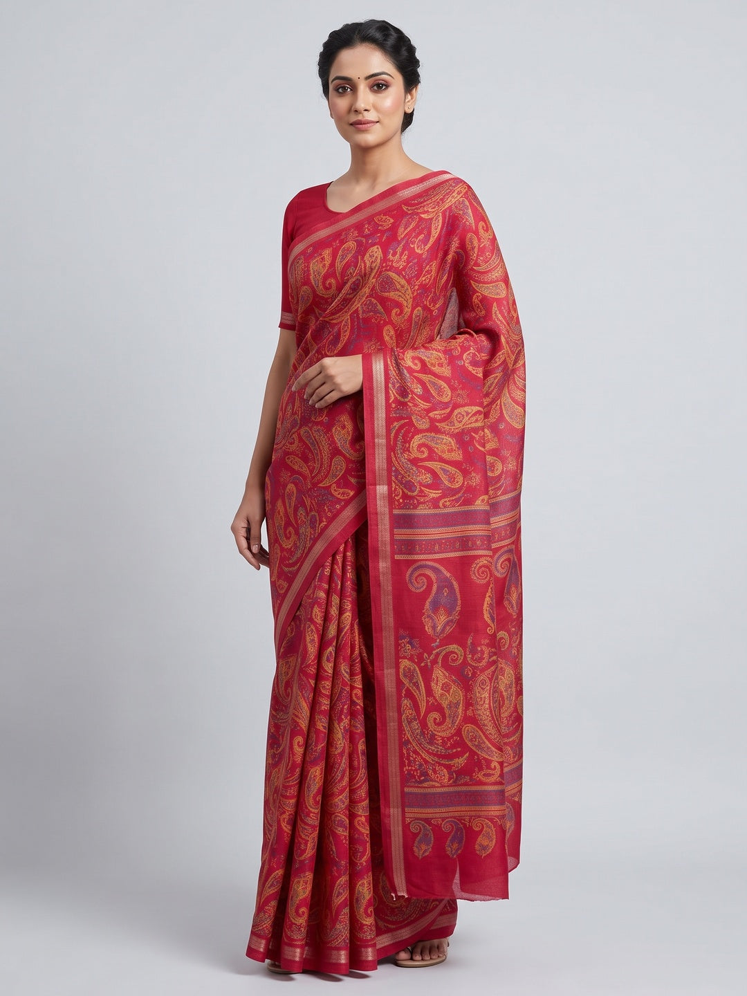 Crimson Red Cotton Blend Saree with Ethnic Kashmiri-Inspired Paisley Design - Image 1
