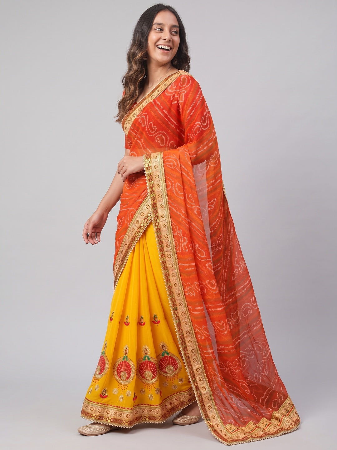 Yellow & Orange Bandhani Printed Chiffon Half & Half Saree - Image 6