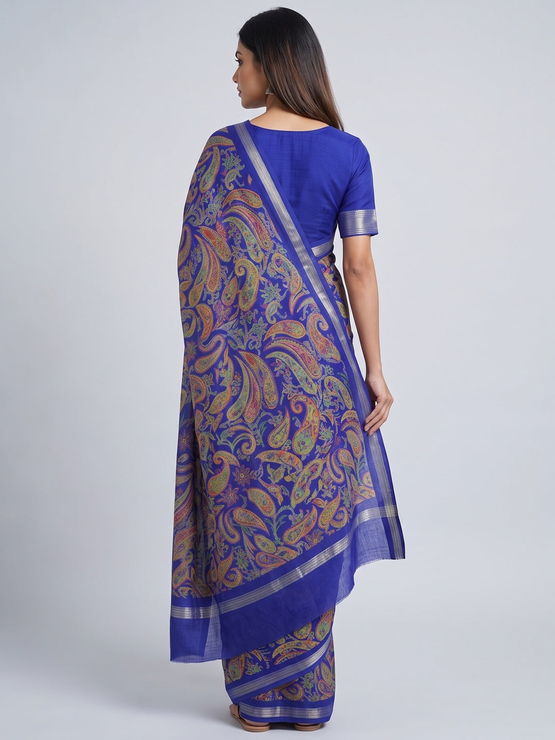 Royal Blue Cotton Blend Saree with Ethnic Kashmiri-Inspired Paisley Design - Image 2