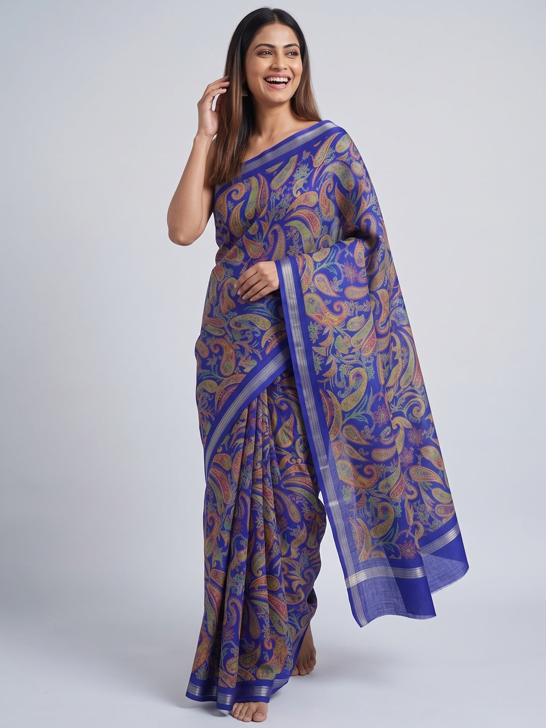 Royal Blue Cotton Blend Saree with Ethnic Kashmiri-Inspired Paisley Design - Image 4