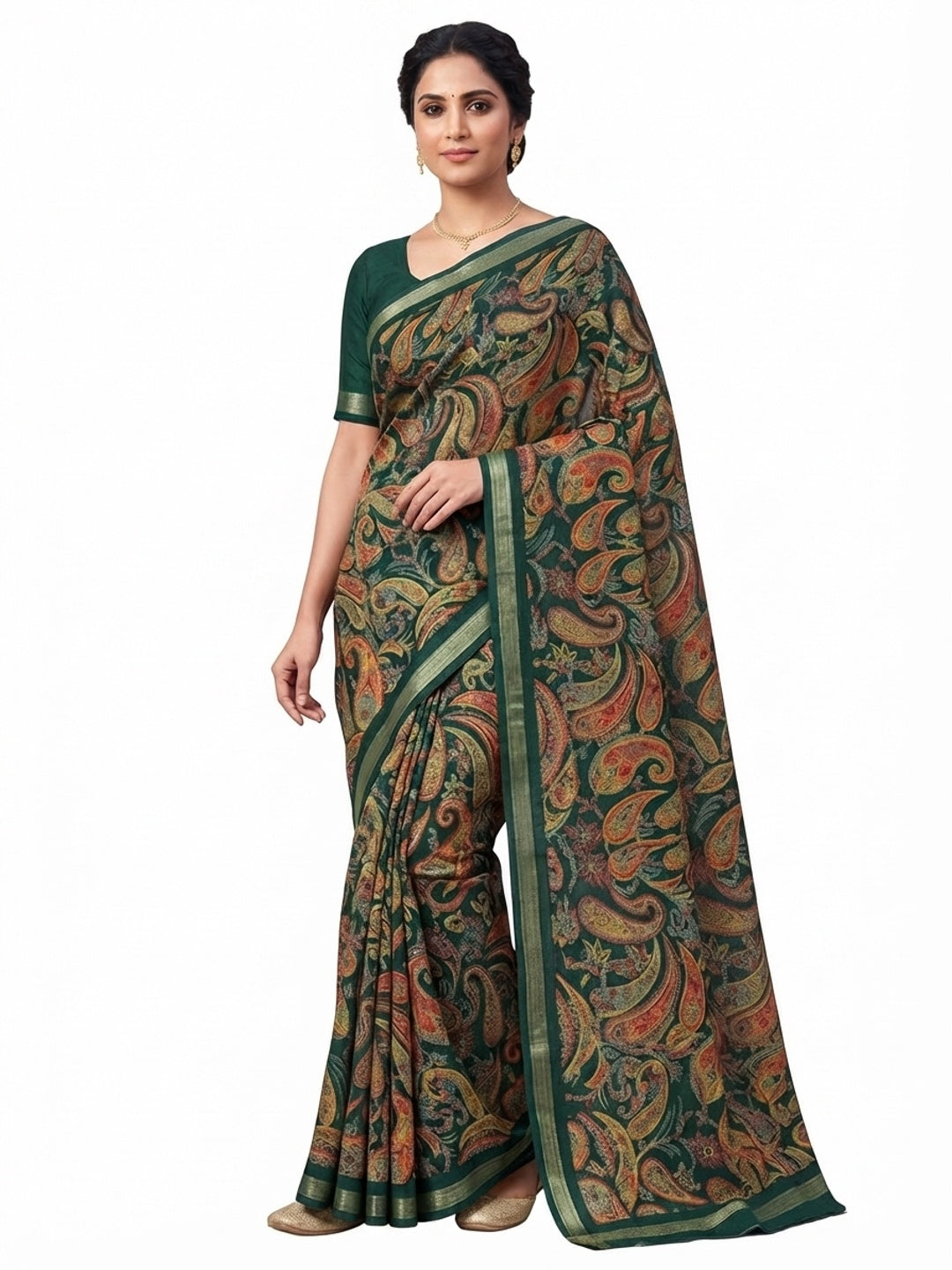 Green Cotton Blend Saree with Ethnic Kashmiri-Inspired Paisley Design - Image 5