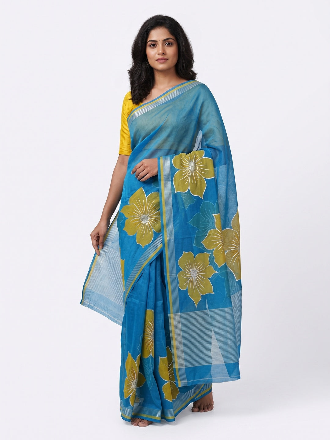 Blue and Yellow Organza Saree with Exquisite Floral Foil Motifs - Image 1