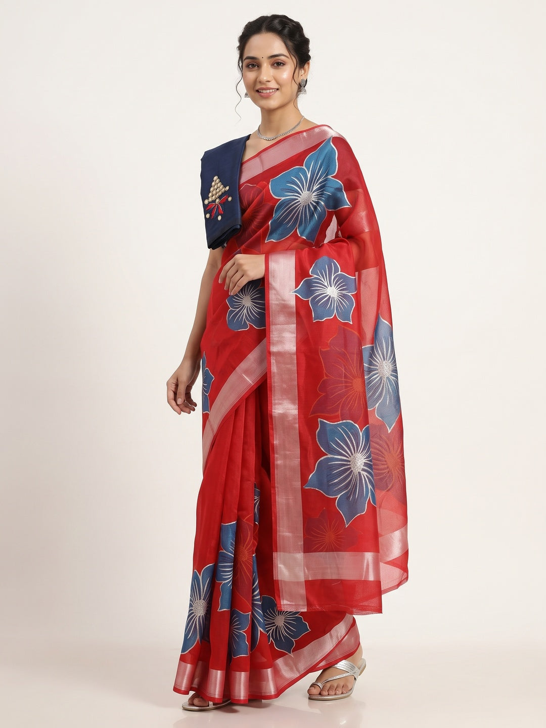 Vibrant Red & Blue Floral Foil Printed Organza Saree With Designer Unstitched Blouse - Image 1