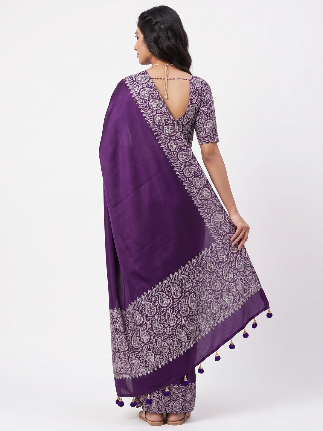 Purple Satin Saree In Ajrakh Floral Print With Tassel Adorned Pallu - Image 2