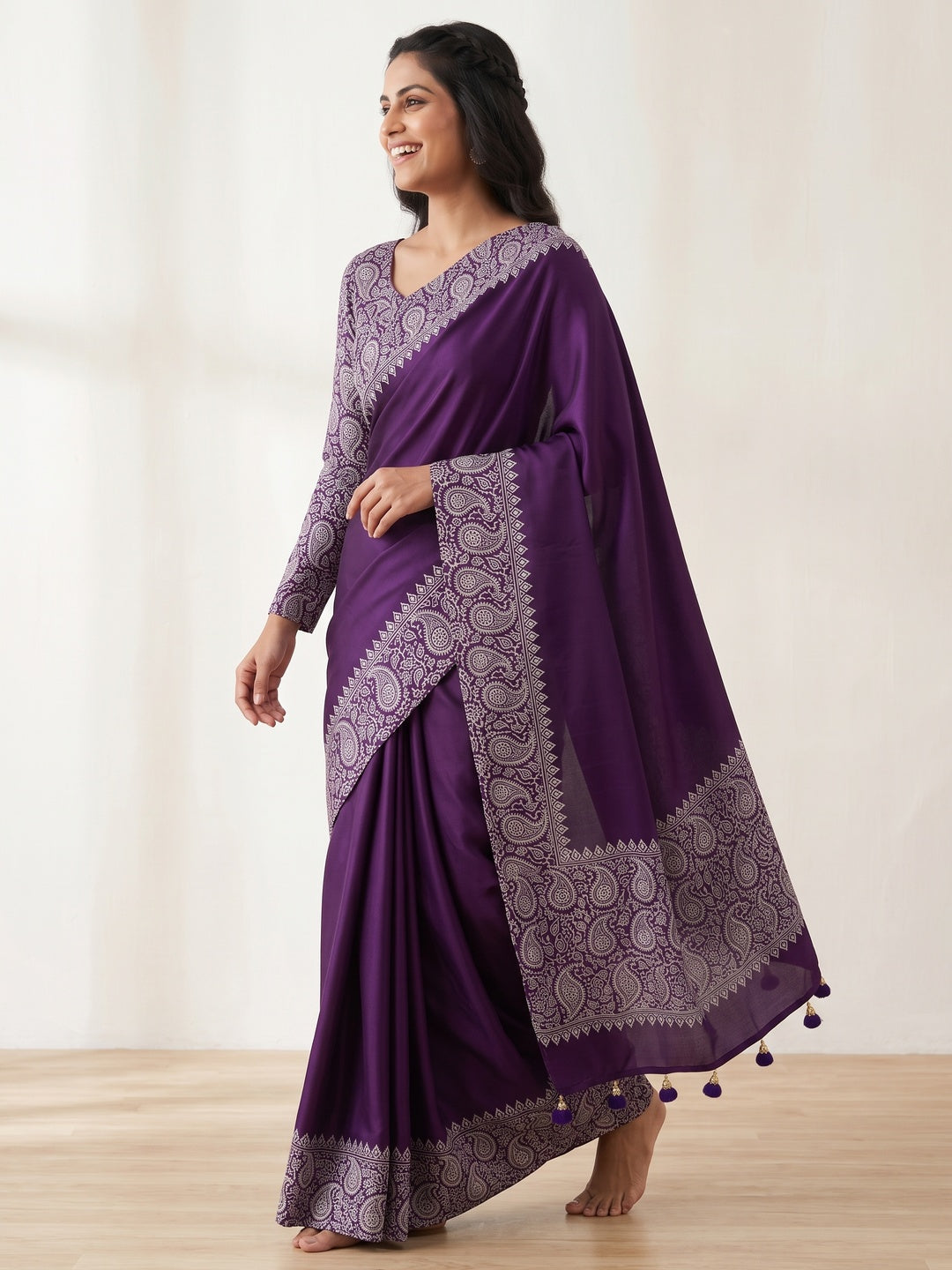 Purple Satin Saree In Ajrakh Floral Print With Tassel Adorned Pallu - Image 4