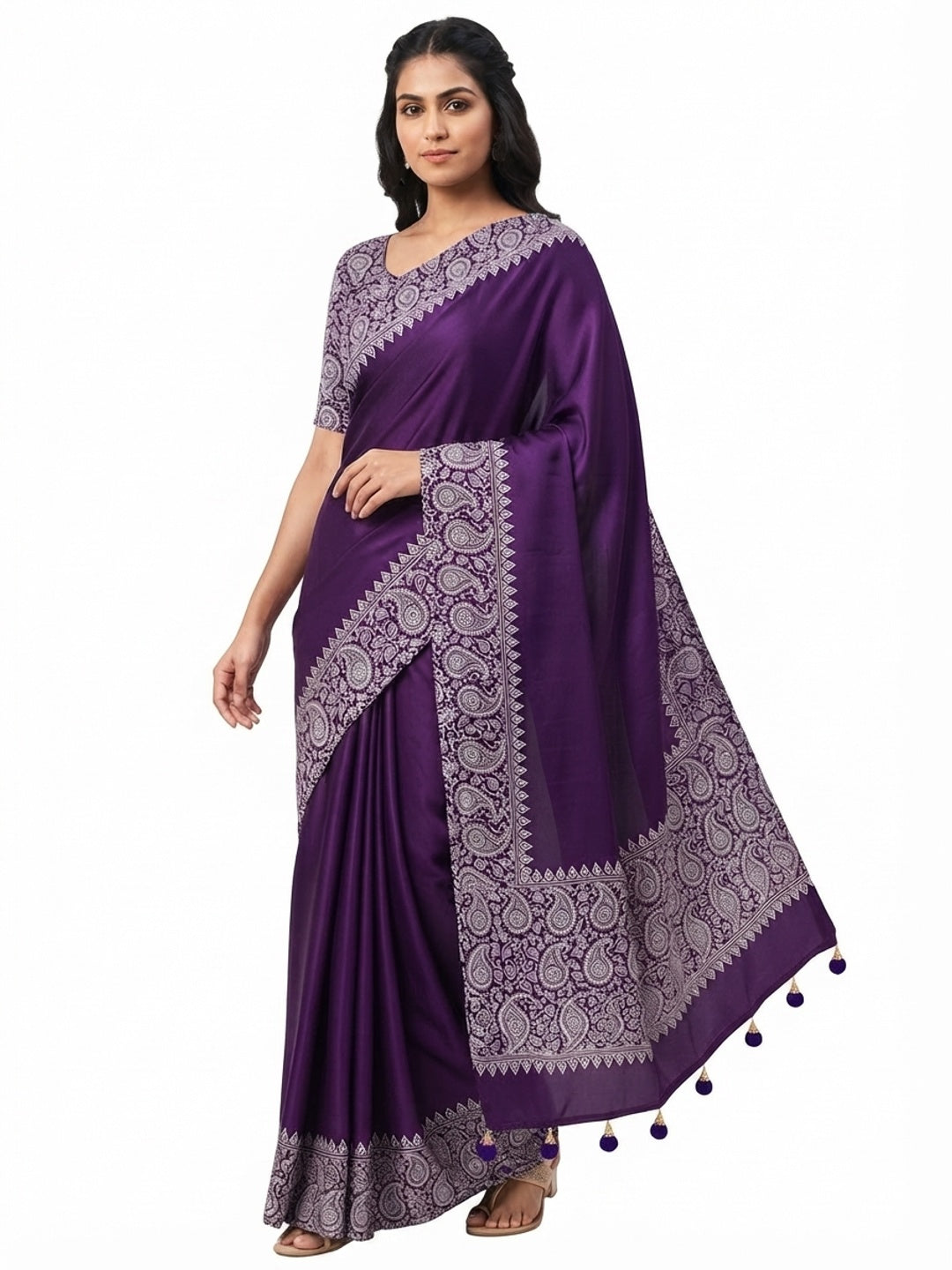 Purple Satin Saree In Ajrakh Floral Print With Tassel Adorned Pallu - Image 5