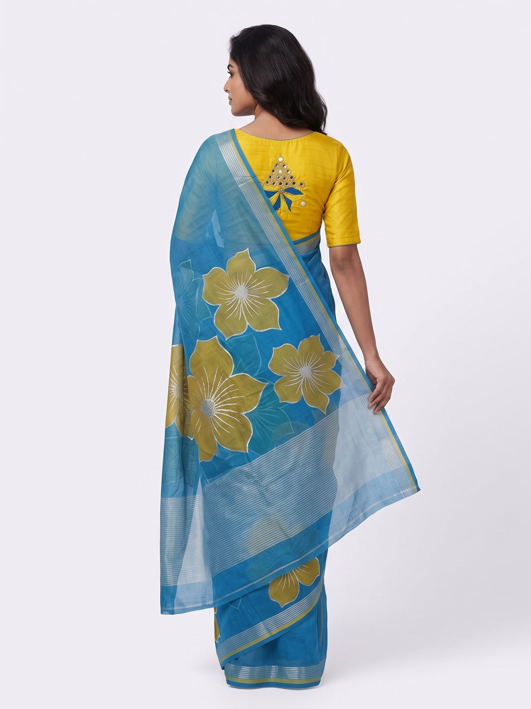 Blue and Yellow Organza Saree with Exquisite Floral Foil Motifs - Image 2