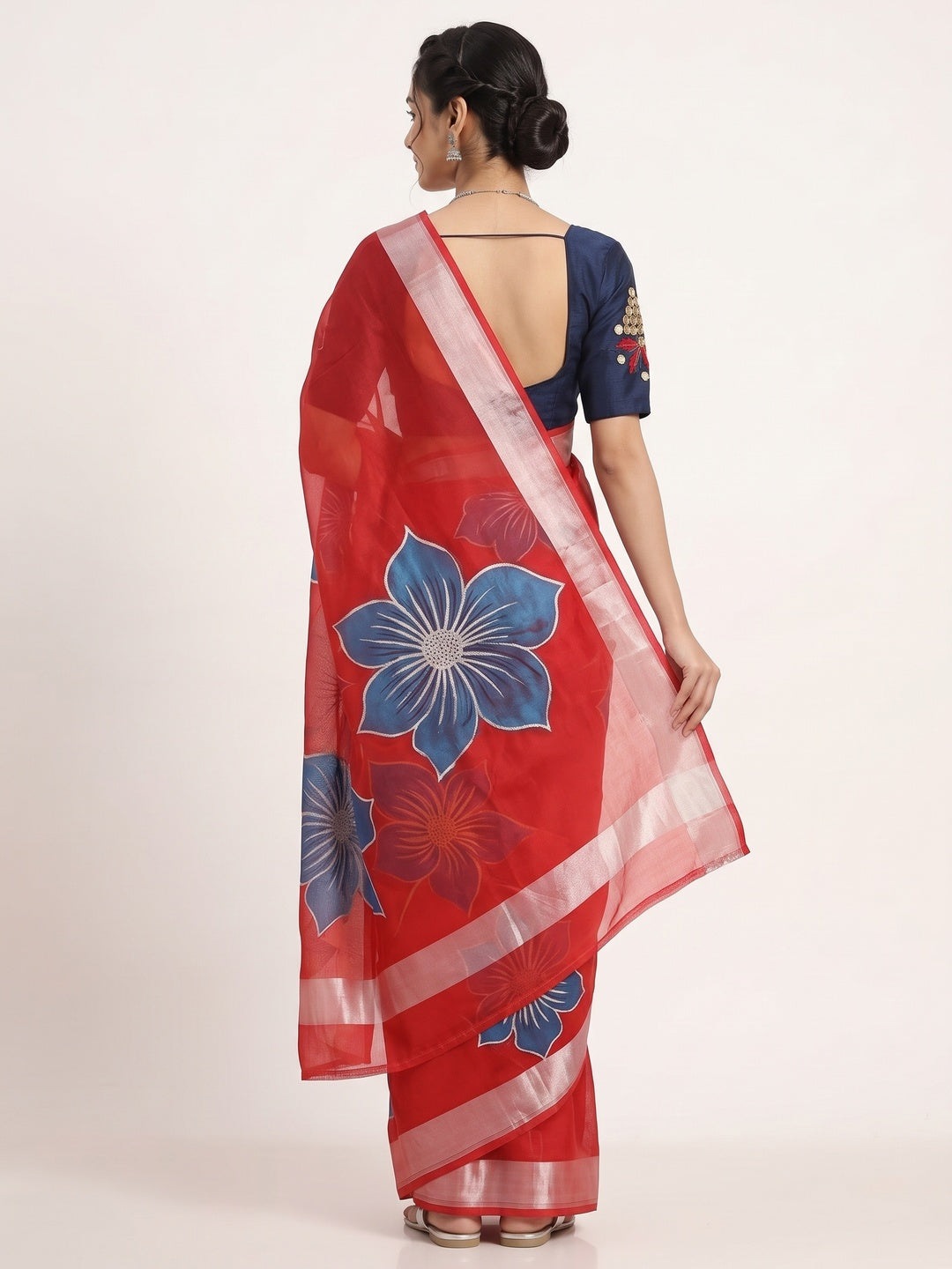 Vibrant Red & Blue Floral Foil Printed Organza Saree With Designer Unstitched Blouse - Image 2