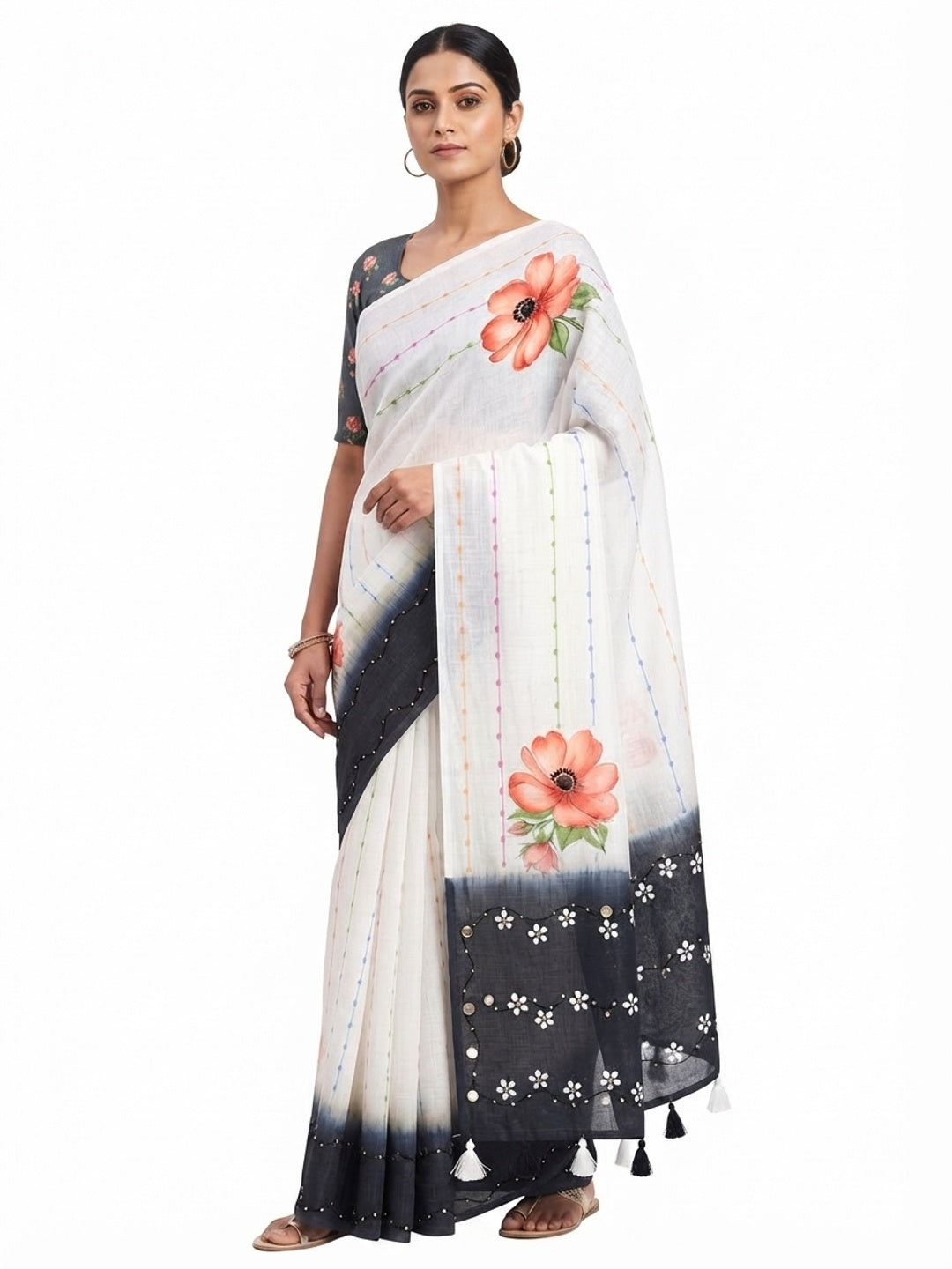 White and Grey Digital Printed Linen Cotton Saree with Refined Artistic Detailing - Image 2