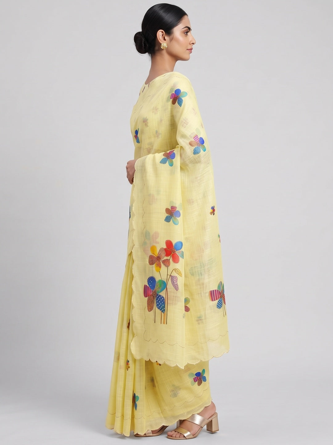 Yellow Linen Saree Featuring Floral Digital Print With Zari Outline & Cutwork Border - Image 4