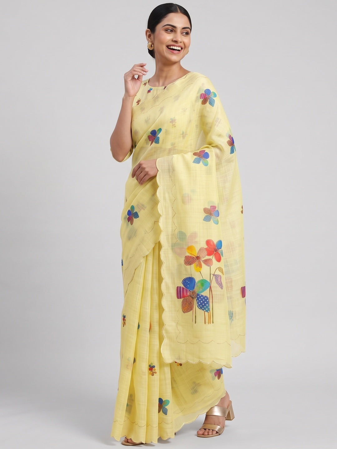 Yellow Linen Saree Featuring Floral Digital Print With Zari Outline & Cutwork Border - Image 5