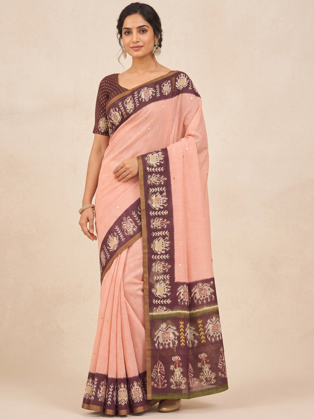 Peachmode Peach Linen Saree with Digital Print and Zari Work - Image 3