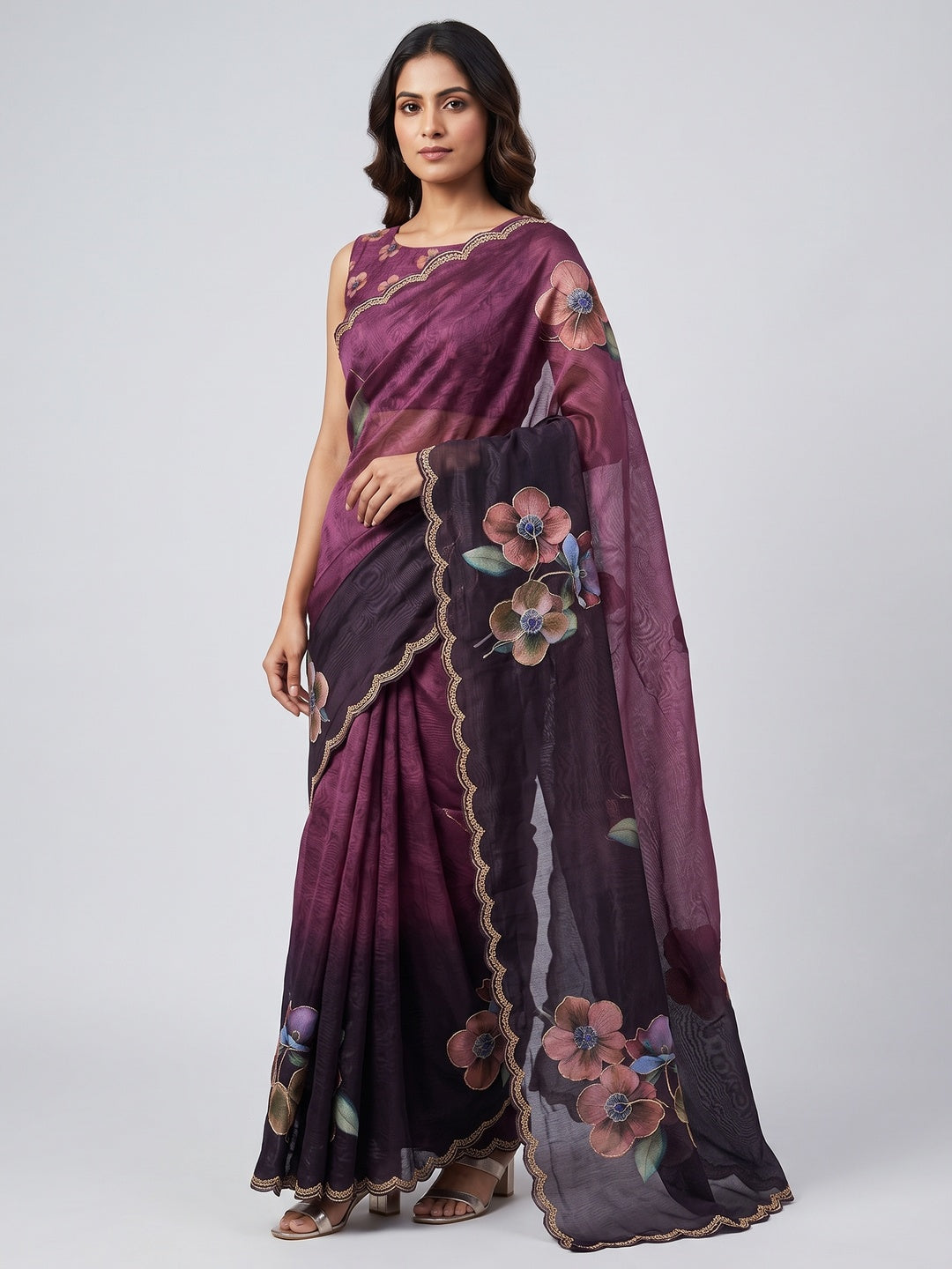 Wine Floral Printed Chanderi Cotton Embroidered Saree Perfect for Festive - Image 1
