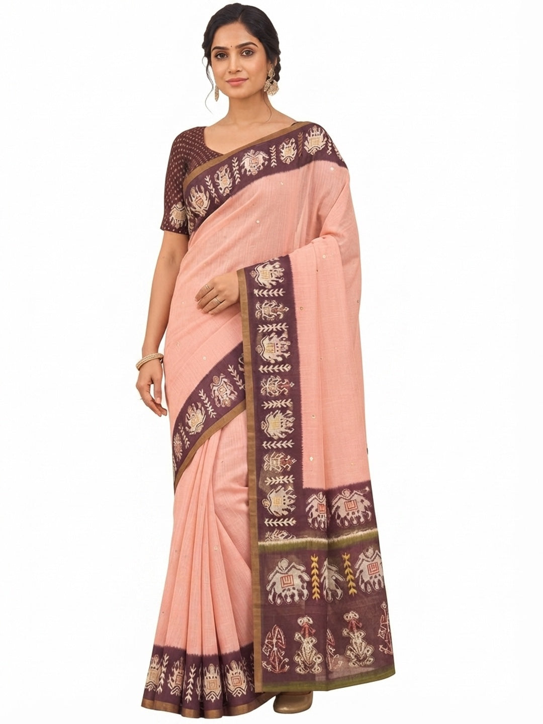 Peachmode Peach Linen Saree with Digital Print and Zari Work - Image 4
