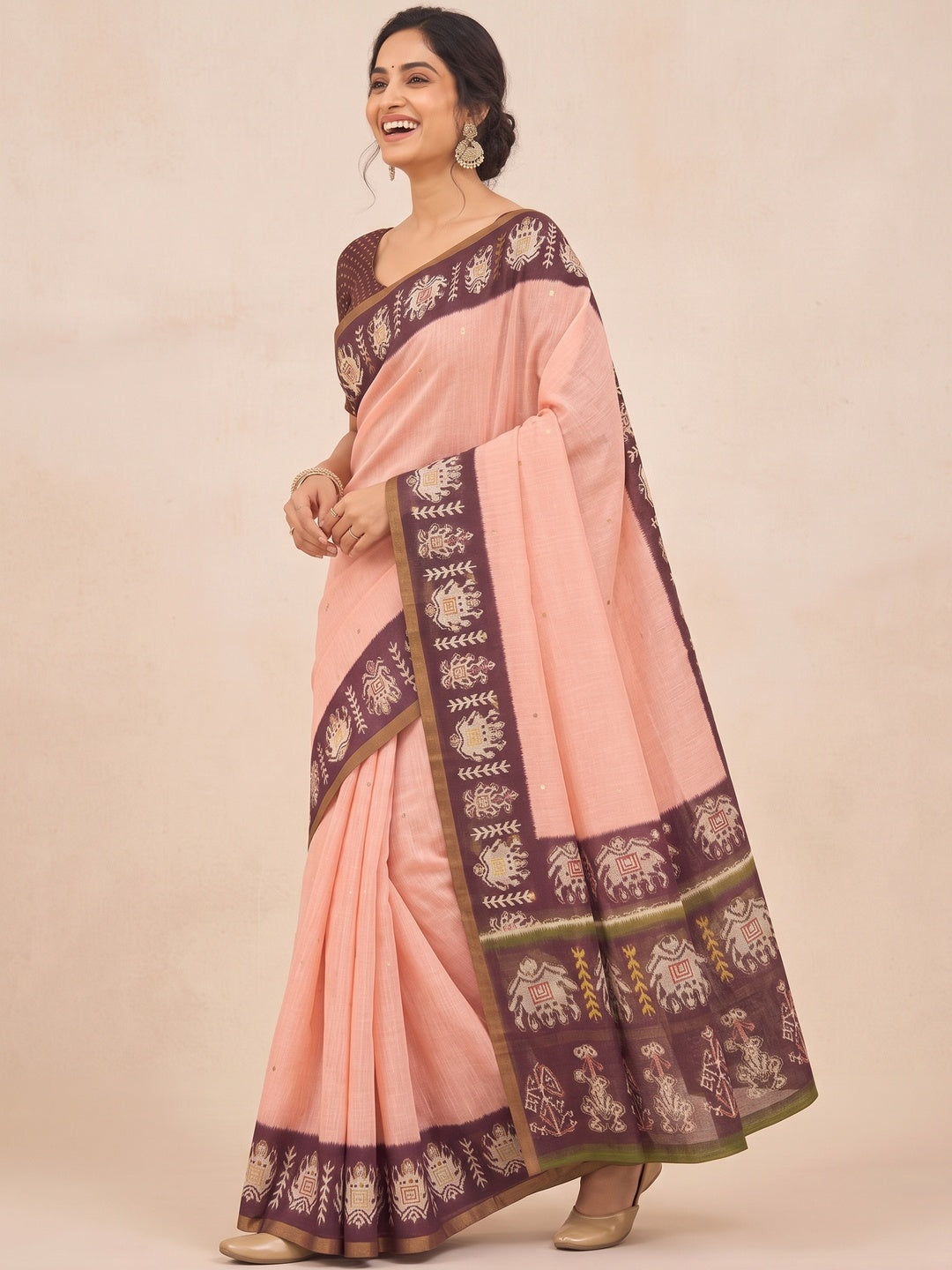 Peachmode Peach Linen Saree with Digital Print and Zari Work - Image 7