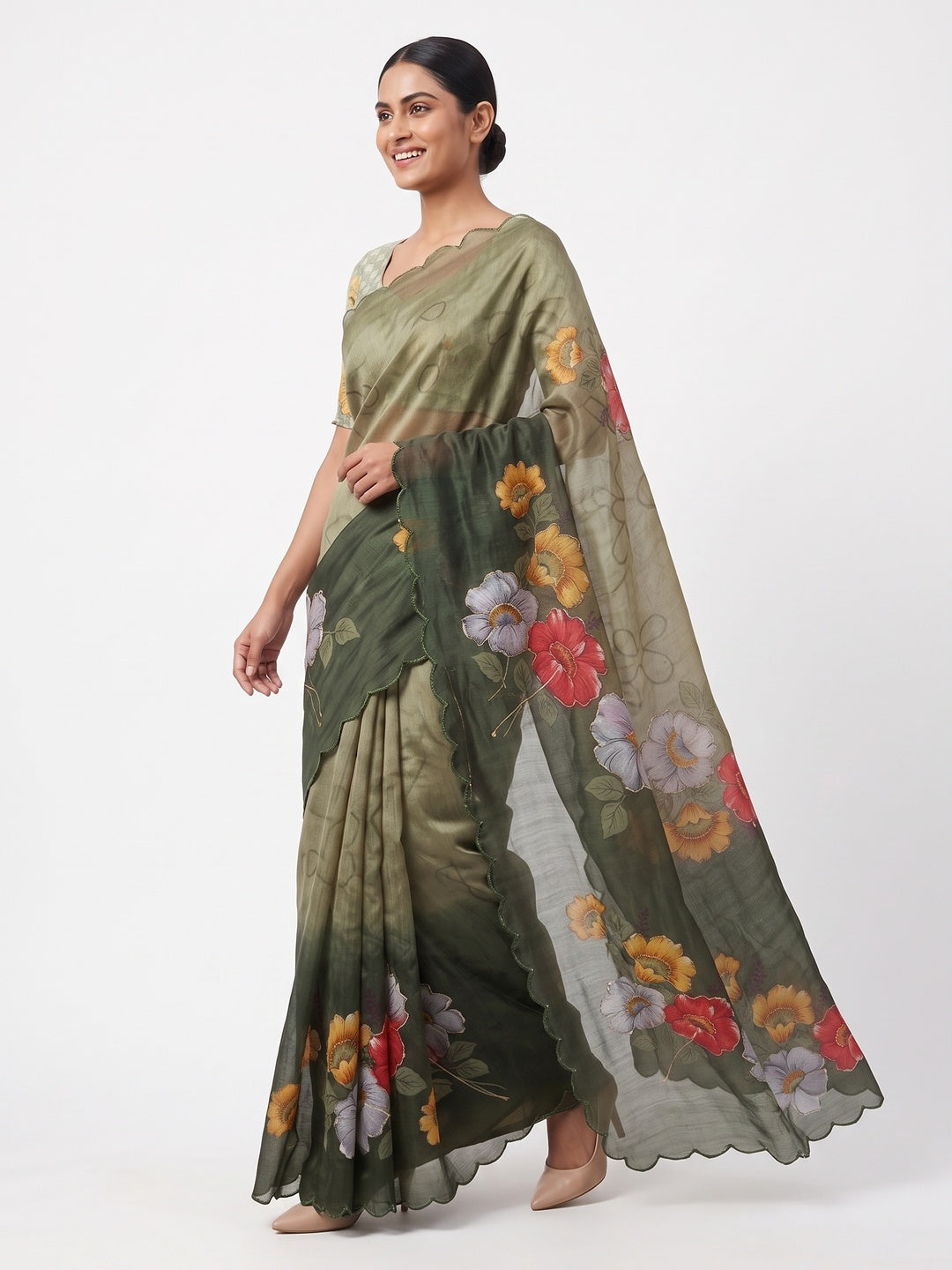 Green Floral Printed Chanderi Cotton Embroidered Saree Perfect for Festive - Image 4